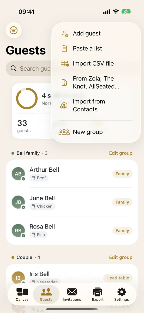 Headtable's Guests screen with the add menu open: Add guest, Paste a list, Import CSV file, From Zola, The Knot, AllSeated, Import from Contacts