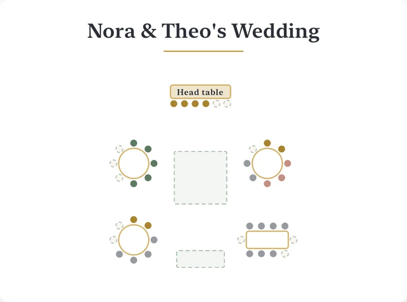 A printed wedding seating chart with a head table and round tables