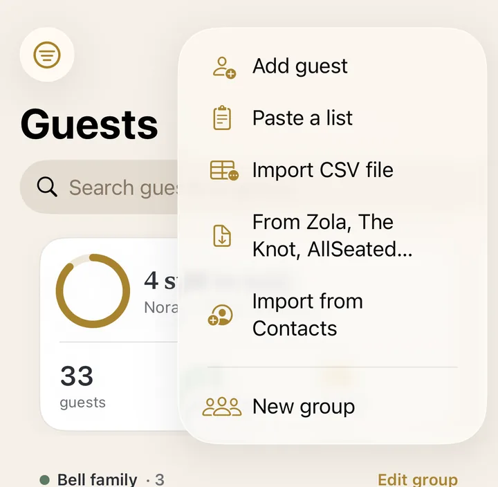 The add-guests menu: Paste a list, Import CSV file, From Zola, The Knot, AllSeated, Import from Contacts