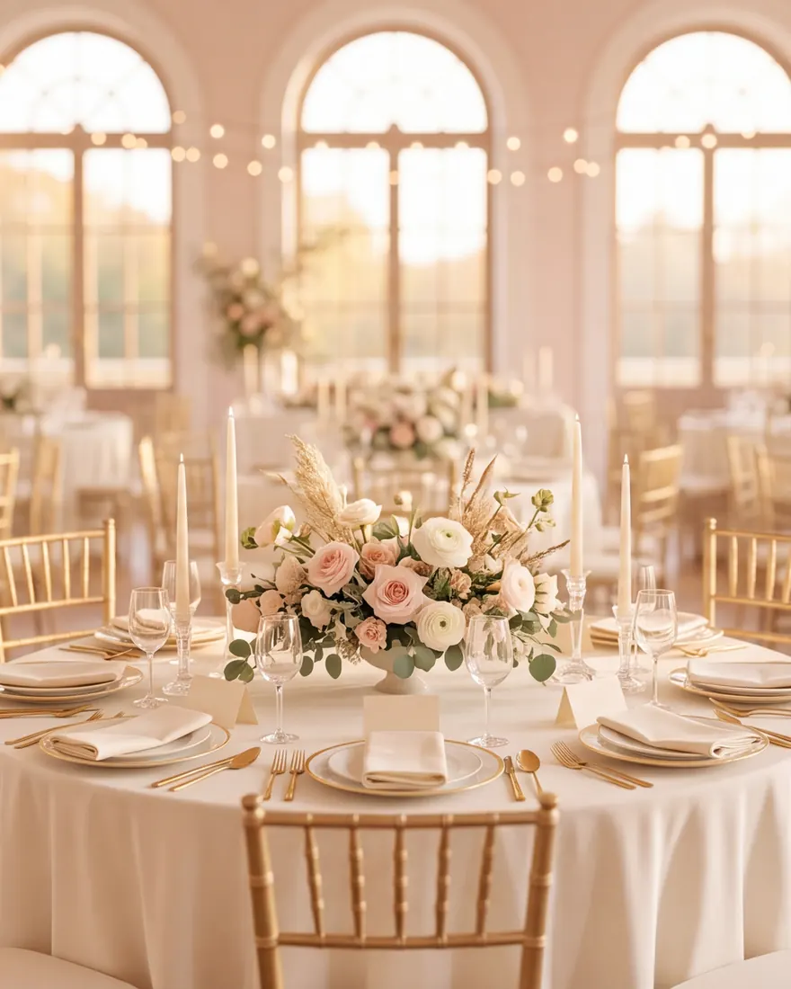 A reception hall set with round tables, gold chairs and flowers